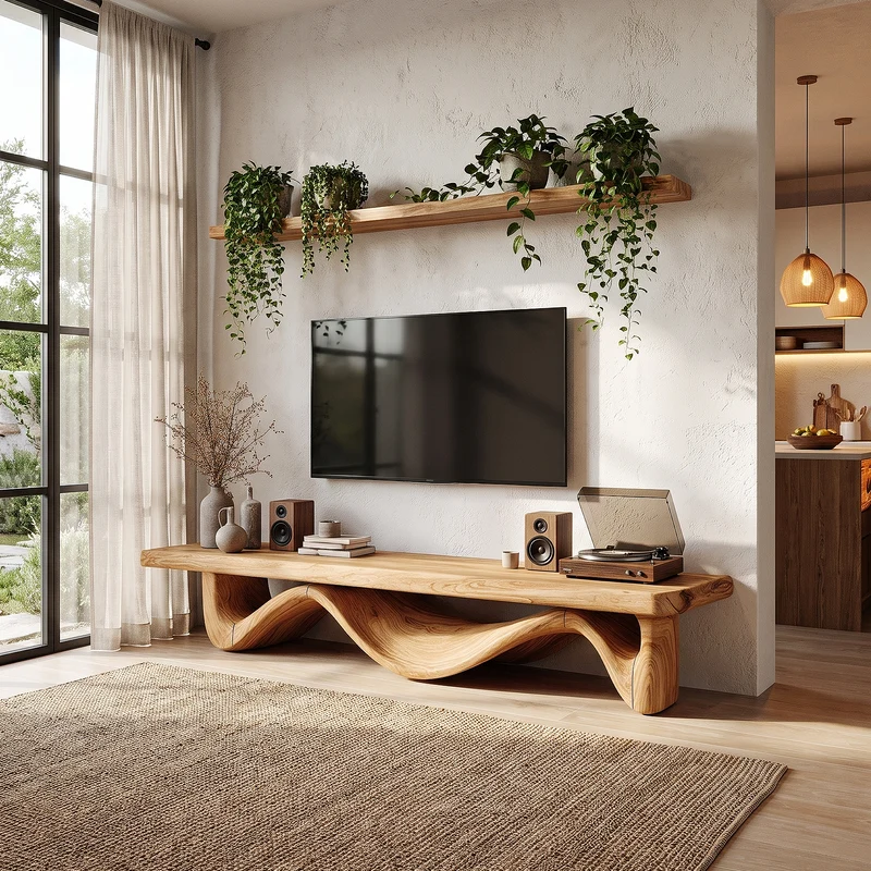 Organic Open Loop TV Cabinet Solid Wood Media Console For Living Room SINLHATVC085