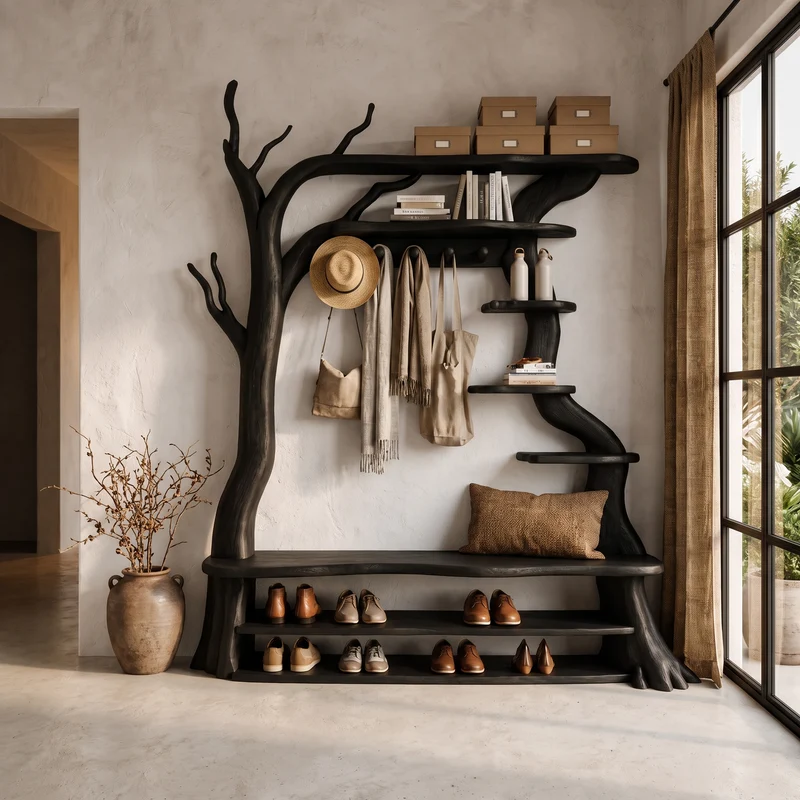 Rustic Tree Shoe Bench Coat Rack Storage Organizer For Entryway Hallway SINLHASHB106