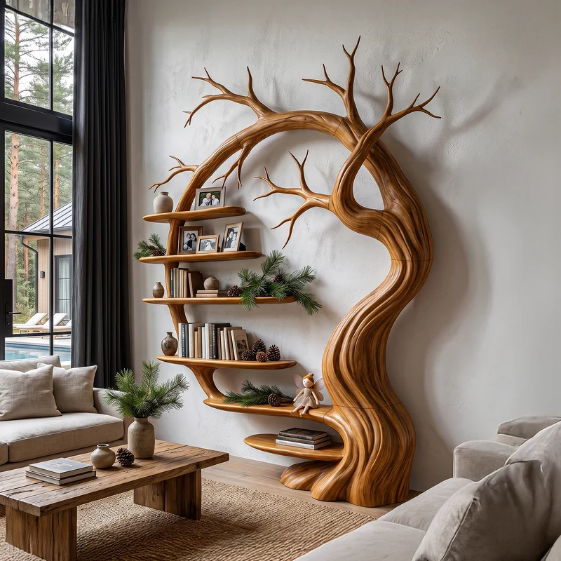 Rustic Tree Bookshelf With Sculptural Tree Branch Design For Living Room And Home Office SINLHATB765