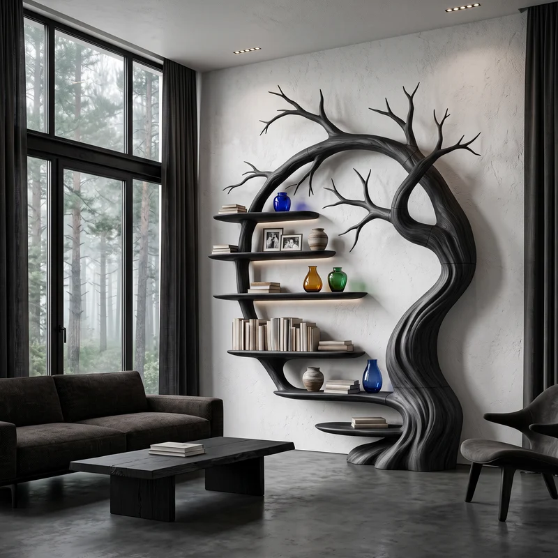 Rustic Tree Bookshelf With Sculptural Tree Branch Design For Living Room And Home Office SINLHATB765
