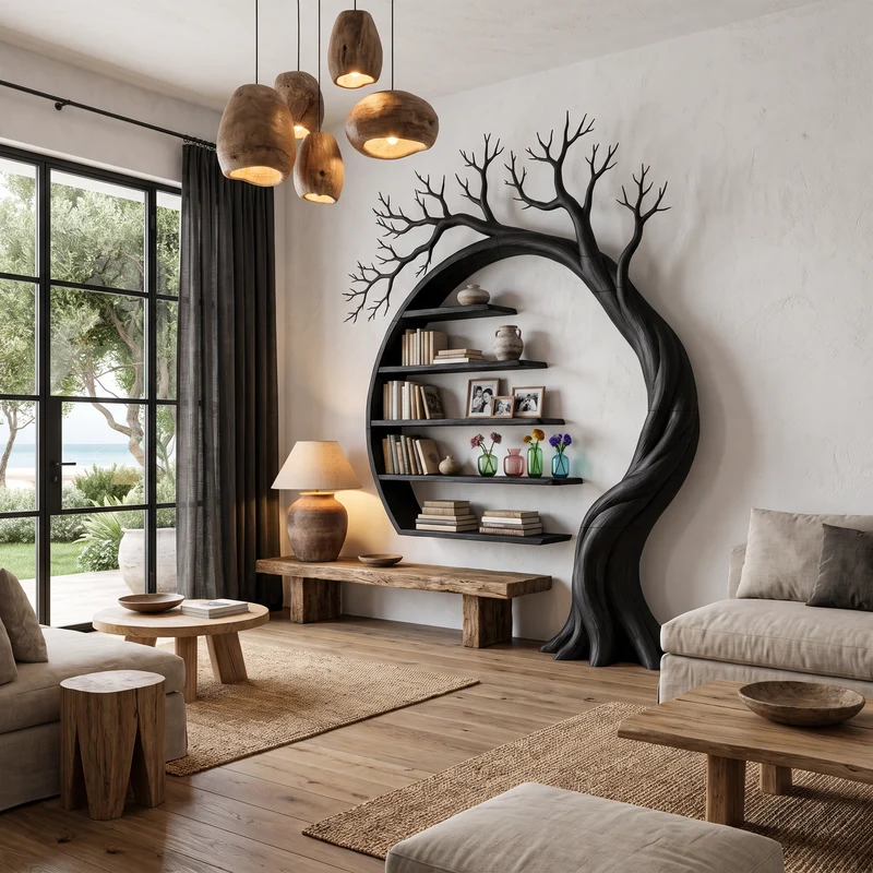 Natural Tree Bookshelf With Circular Branch Design For Living Room And Reading Nook SINLHATB764