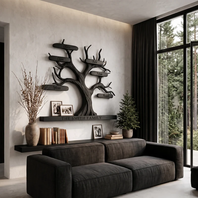 Organic Personalized Tree Wall Bookshelf With Custom Family Name For Living Room And Home Office SINLHAFL060
