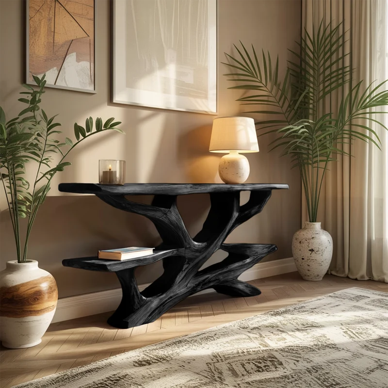 Handcrafted Wooden Live Edge Console Table, Solid Wood Entryway Accent Table with Metal Legs for Luxury Living Room Hallway, SILDTTNCS047