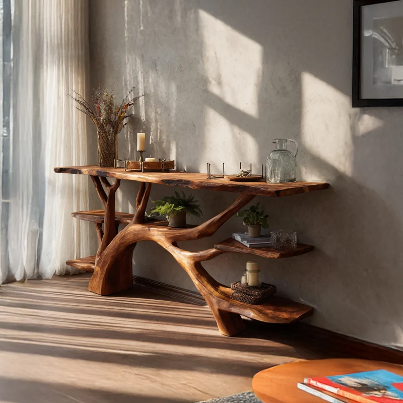 Spry Interior Mid Century Solid Wood Console Table, Live Edge Slab Entryway Accent Table for Modern Living Room, SILDTTNCS056