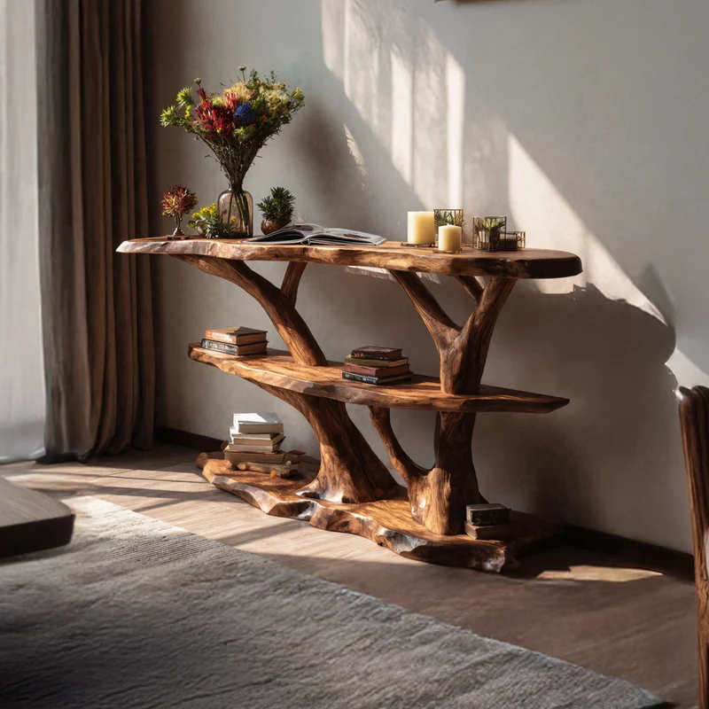 Spry Interior Mid Century Live Edge Console Table, Solid Wood Slab Entryway Table for Modern Hallway Decor, SILDTTNCS038