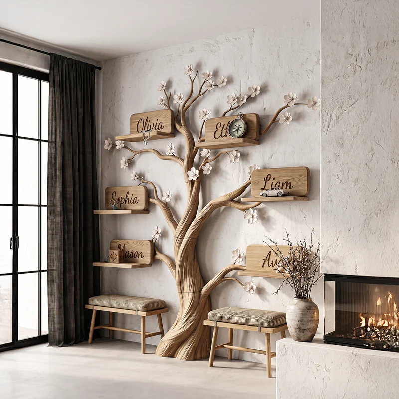 Natural Custom Family Tree Shelf With Heart Name Plaques For Living Room And Entryway SINLHATB762