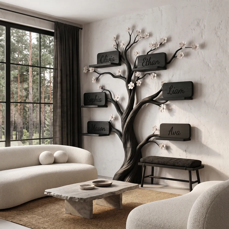 Natural Custom Family Tree Shelf With Heart Name Plaques For Living Room And Entryway SINLHATB762