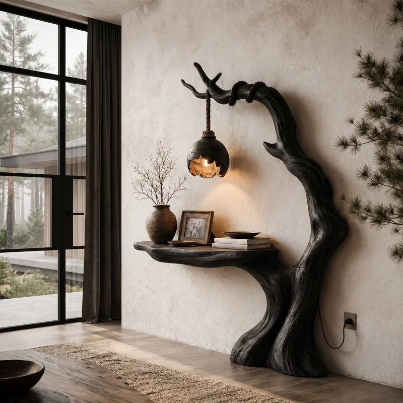 Organic Console Table With Tree Branch Floor Lamp Design For Entryway And Living Room SINLHACS689