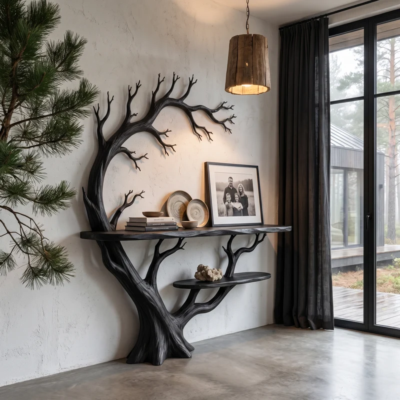 Organic Console Table With Tree Branch Shelf Design For Entryway And Living Room SINLHACS688