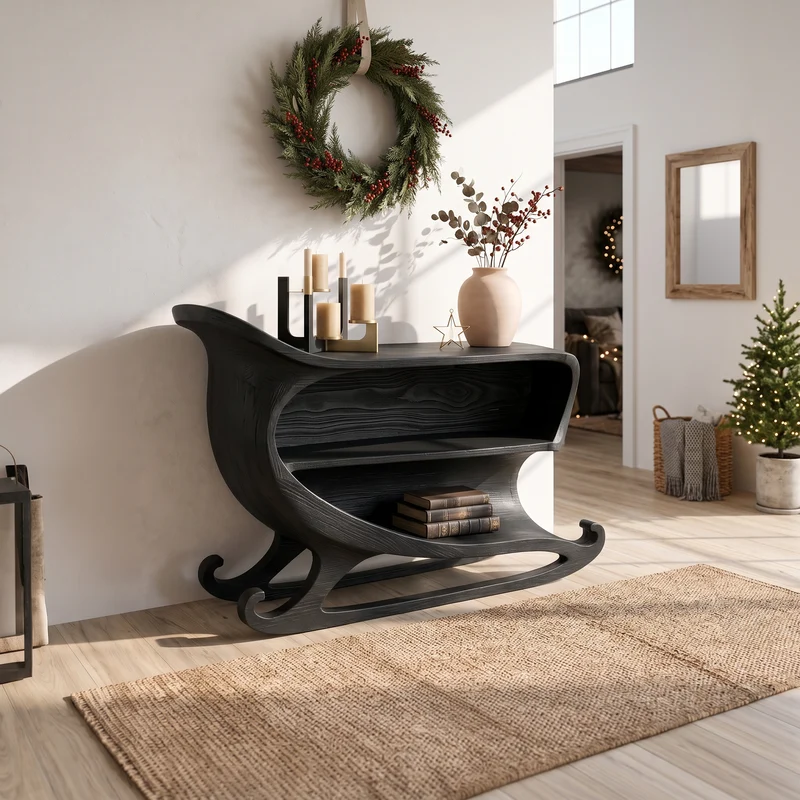 Farmhouse Christmas Console Table With Sleigh Inspired Scroll Design For Entryway And Living Room SINLSACS687