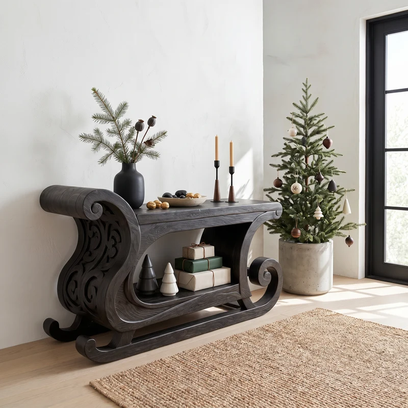 Rustic Christmas Console Table With Carved Sleigh Design For Living Room SINLSACS685