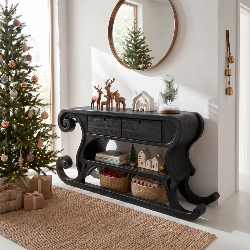 Rustic Christmas Console Table With Sleigh Inspired Scroll Design For Entryway SINLSACS684