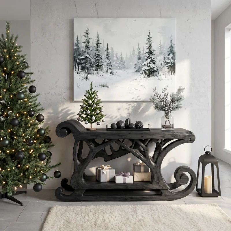Rustic Christmas Console Table With Reindeer Sleigh Design For Entryway SINLSACS683