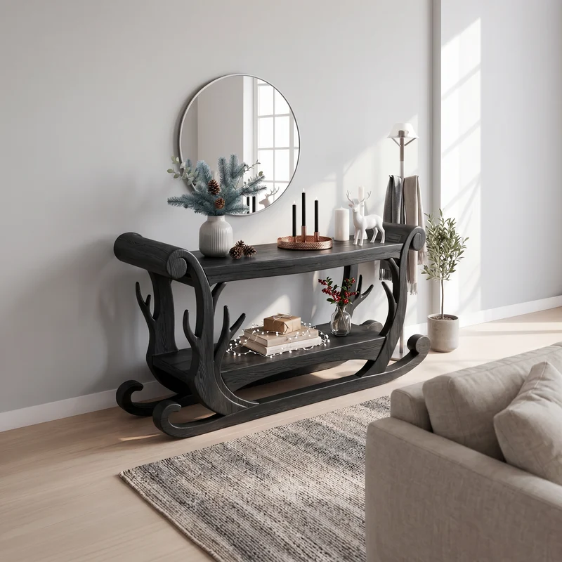 Rustic Console Table With Christmas Sleigh Inspired Design For Entryway And Hallway SINLSACS688