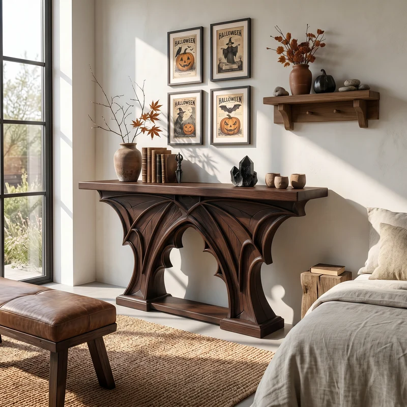 Rustic Halloween Console Table With Bat Wing Inspired Design For Hallway SINLSACS680