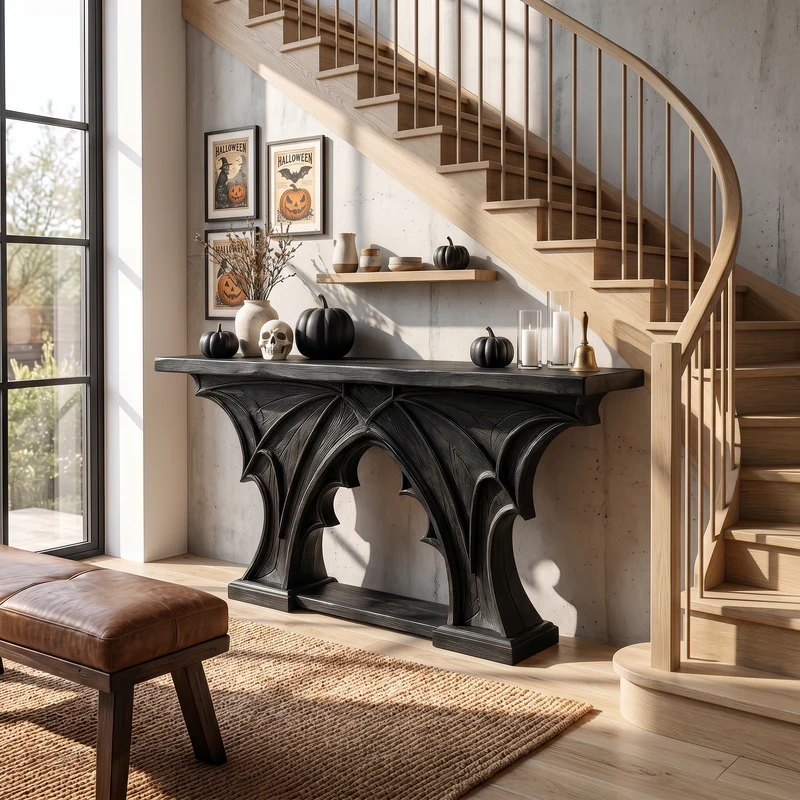 Rustic Halloween Console Table With Bat Wing Inspired Design For Hallway SINLSACS680