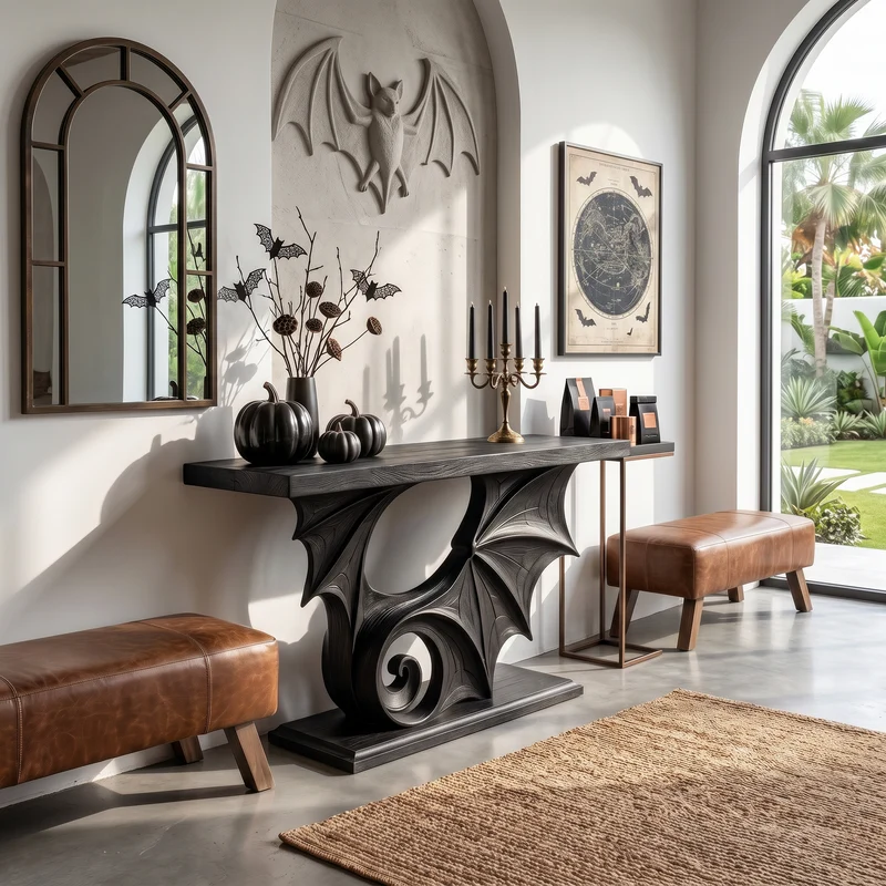 Gothic Halloween Console Table With Sculptural Bat Design For Entryway And Hallway SINLSACS679