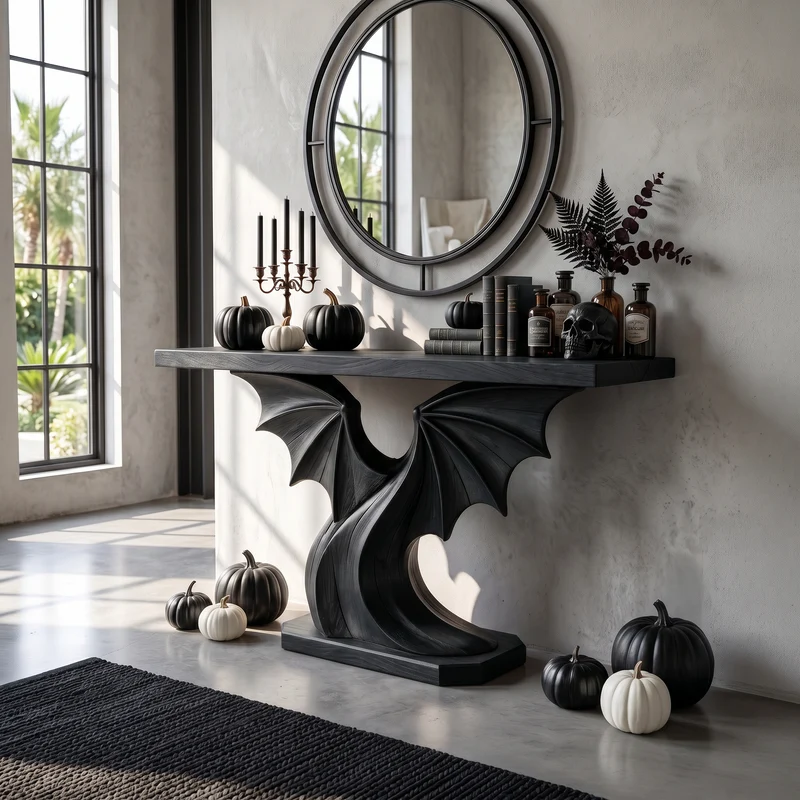 Contemporary Halloween Console Table With Sculptural Bat Wing Design For Entryway And Hallway SINLSACS678