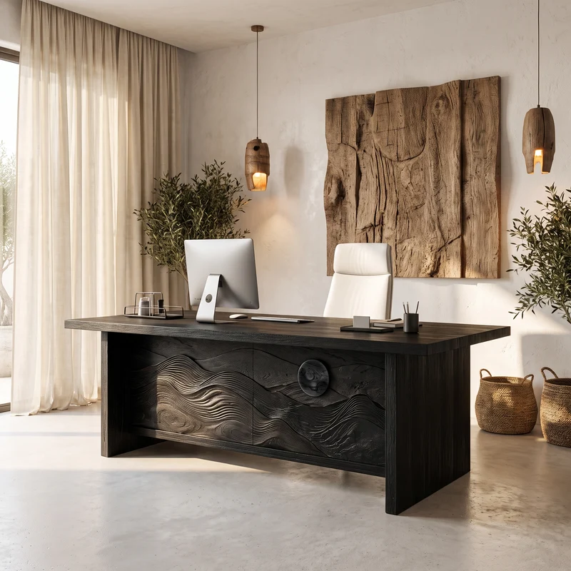 Sculptural Writing Desk Handcrafted Solid Wood Design For Workspace SINLHADE166