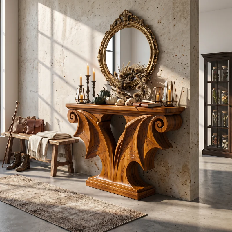 Rustic Halloween Console Table With Sculptural Bat Wing Design For Entryway And Living Room SINLSACS676