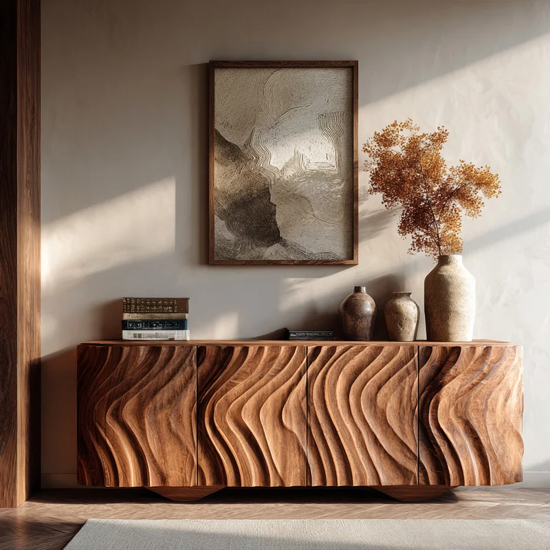 Farmhouse Wooden Sideboard With Carved Wave Doors For Living Storage RTTHHNSD041