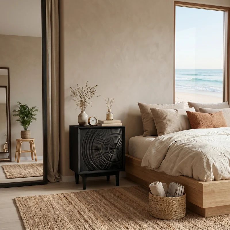 Minimalist Wooden Nightstand With Sculptural Door For Modern Bedroom RTTHTTNS026