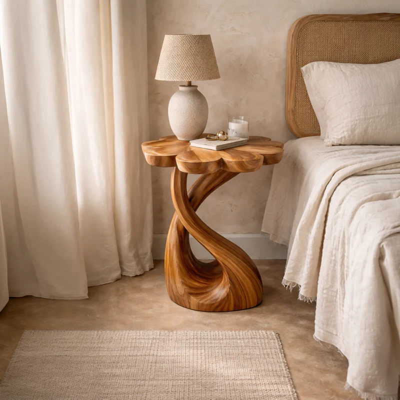 Handcrafted Wooden Nightstand With Floral-shaped Tabletop For Bedroom RTTHTTNS024