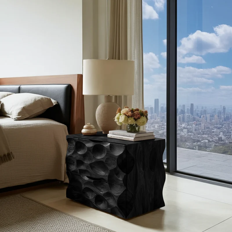 Carved Nightstand With Two Drawers For Bedroom SITHTTNS013