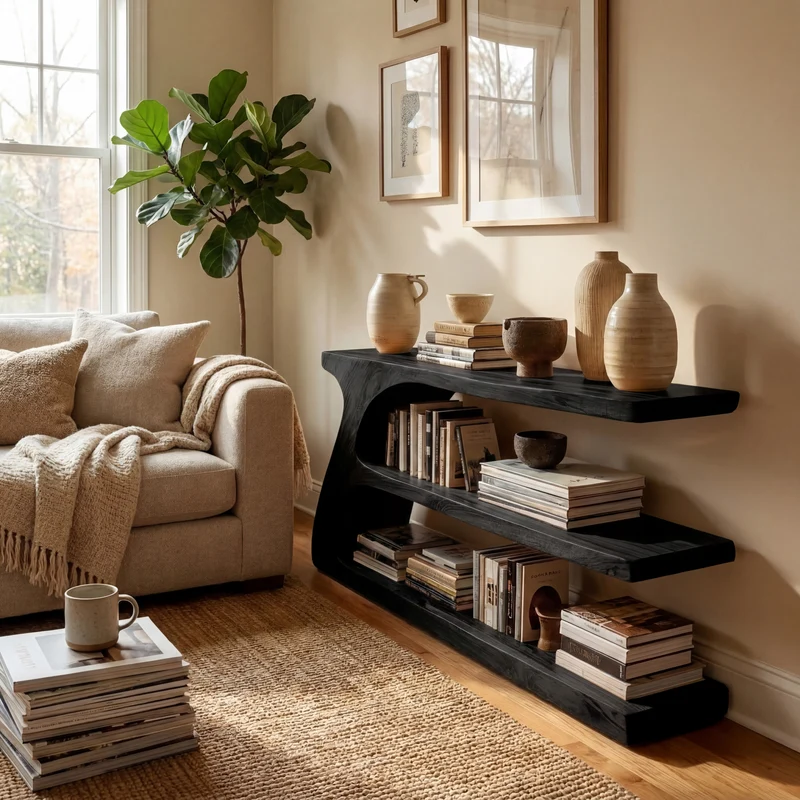 Modern Organic Wood Console Table With Shelf For Living Room RTTHHNCS010