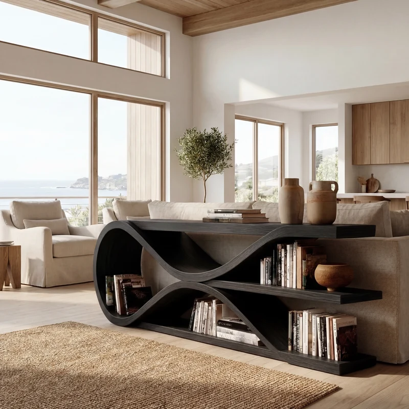 Contemporary Curved Wooden Console Table For Living Room RTTHHNCS004