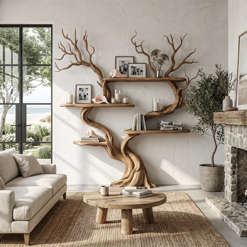 Organic Tree Wall Shelf With Multi Tier Display Shelves For Home SINLHATB758