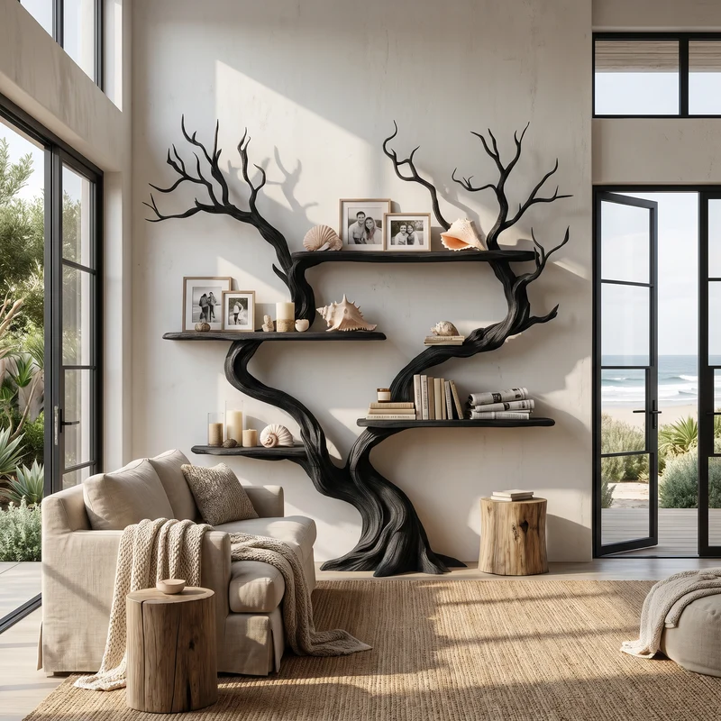 Organic Tree Wall Shelf With Multi Tier Display Shelves For Home SINLHATB758