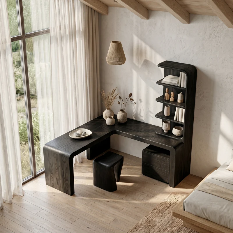 Organic Desk With Storage Shelves And Cabinet For Home Office SINLSADK153