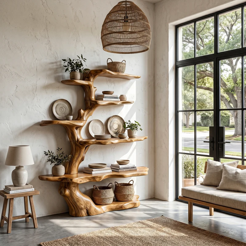 Sculptural Tree Bookshelf Natural Wood Storage For Reading Nook SINLHATB755