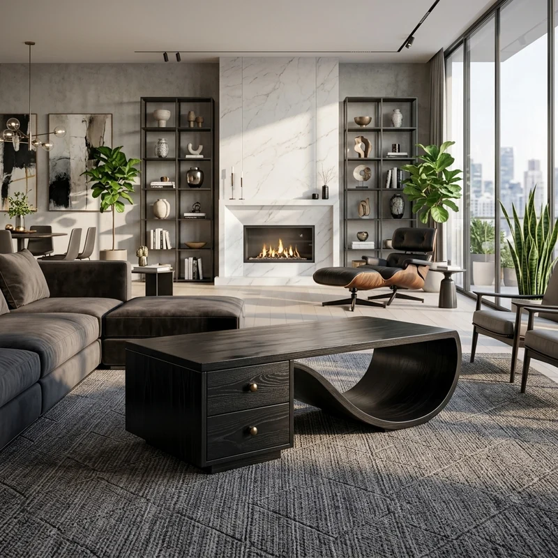 Wood Coffee Table With Unique Curved Base And Drawer For Home RTTHTTCF053