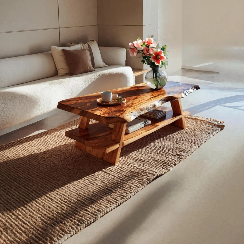 Handcrafted Coffee Table Live Edge And Lower Shelf For Living RTTHTTCF031