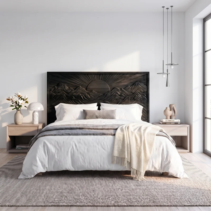 Mid Century Sunrise Headboard Wooden Bed Headboard For Bedroom SINLSAHB054