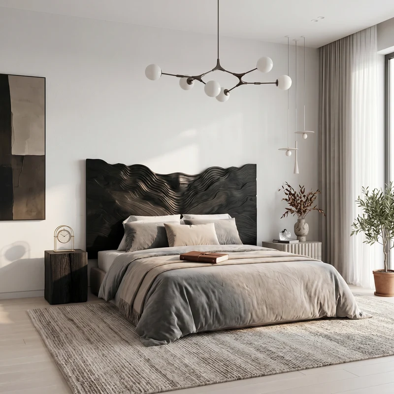 Contemporary Mountain Range Headboard Wooden Bed Headboard For Bedroom SINLSAHB046