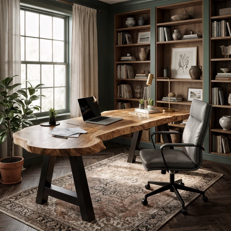 Rustic Writing Desk With Live Edge Wood Top And Metal Legs For Home Office SINLKIDK158
