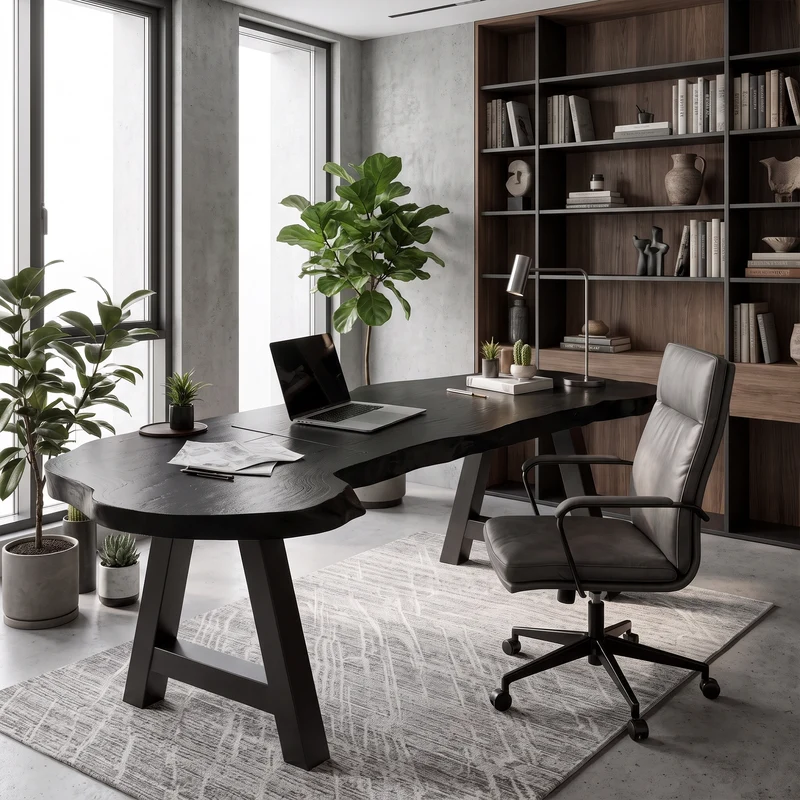 Rustic Writing Desk With Live Edge Wood Top And Metal Legs For Home Office SINLKIDK158