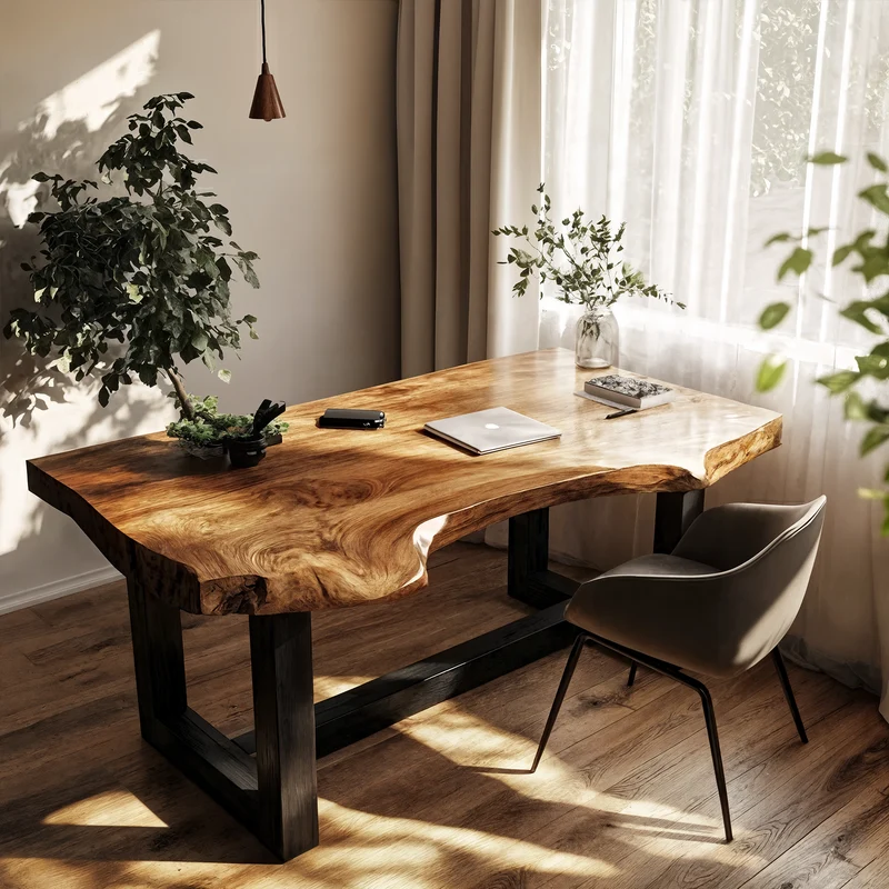 Minimal Desk With Live Edge Wooden Top For Home Office SINLKIDK157