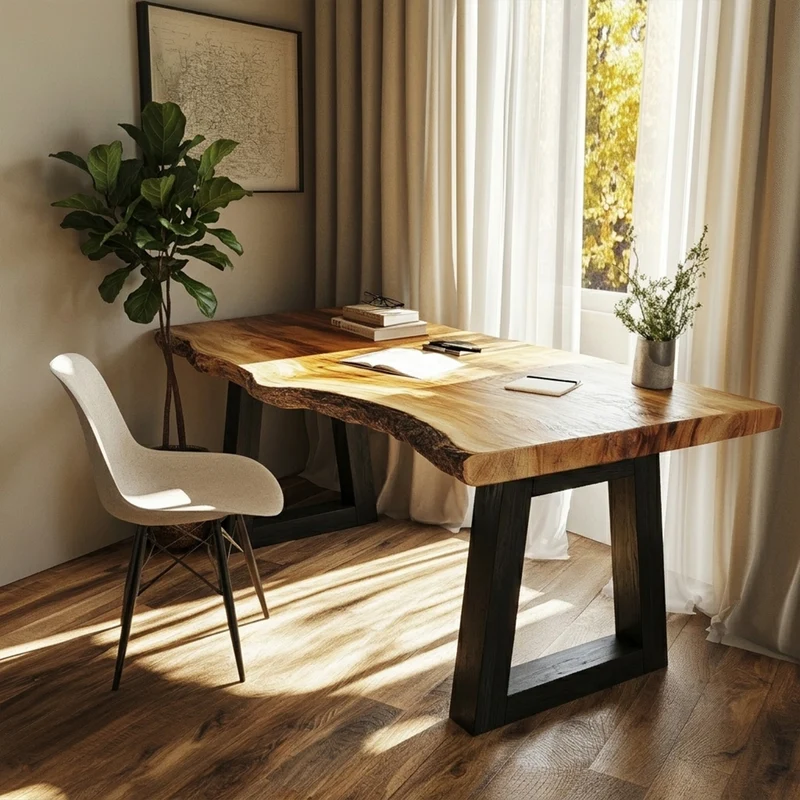 Modern Desk With Live Edge Solid Wood Top And Steel Base For Workspace SINLKIDK156