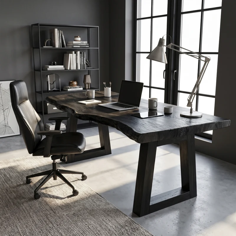 Modern Desk With Live Edge Solid Wood Top And Steel Base For Workspace SINLKIDK156