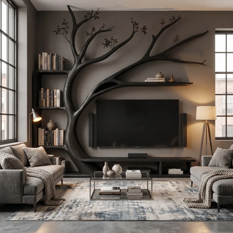 Handcrafted TV Cabinet With Artistic Tree Bookcase For Living Room SINLKITC084