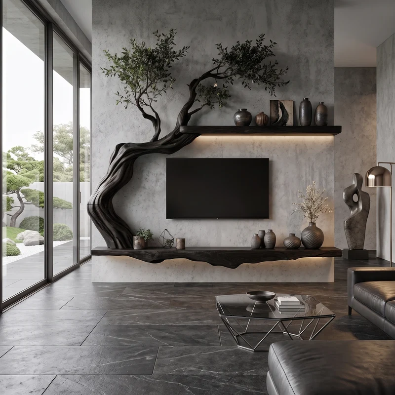 Organic Wall Mounted TV Stand With Sculptural Wood Design For Living Room SINLKITC078