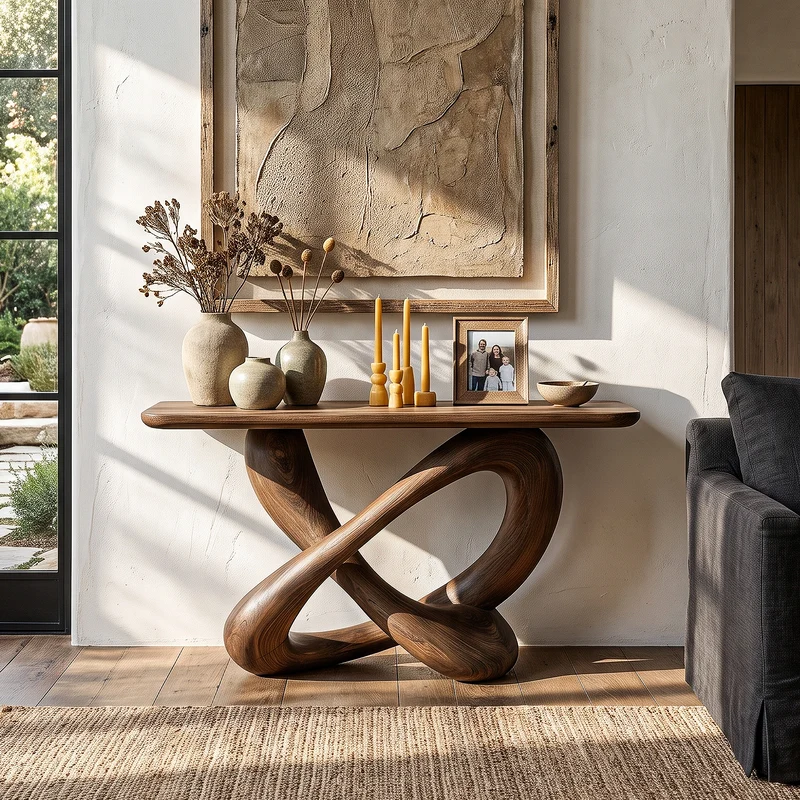Modern Console Table With Twisted Ribbon Wood Base For Entryway SINLHACS670