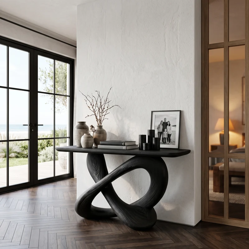 Modern Console Table With Twisted Ribbon Wood Base For Entryway SINLHACS670