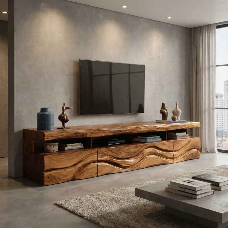 Modern Wave Carved Wood TV Stand For Living Room RTTHHNTVC078