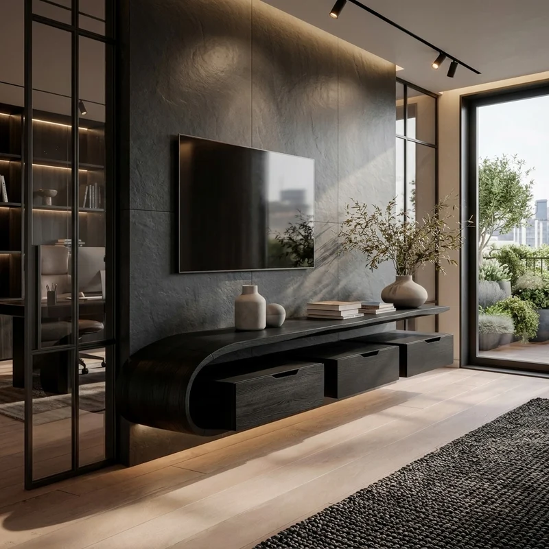 Minimal Curved Floating TV Console With Drawers For Living RTTHHNTVC057