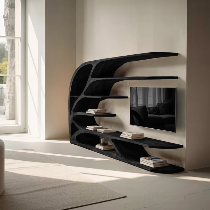 Modern Sculptural Wavy Carved Media Console For Living Room SITHHNTVC042